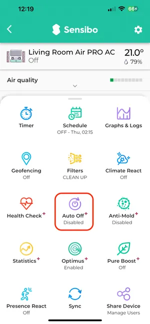 Auto-Off setup screen in the Sensibo app