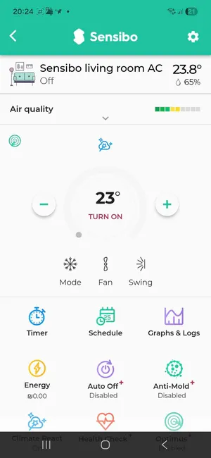 Sensibo device screen with Climate React available