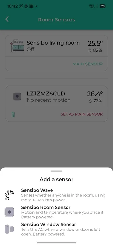 Add a sensor menu showing the Sensibo Window Sensor option; red arrows show where to tap