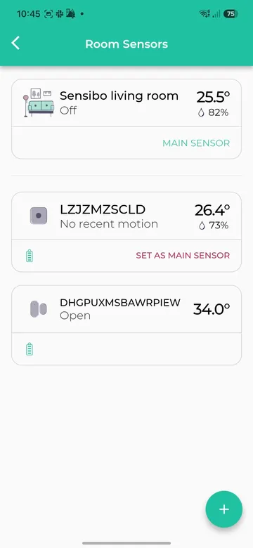 Room Sensors screen showing a connected door sensor with an Open status and a battery icon
