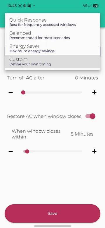 Preset menu showing Quick Response, Balanced, Energy Saver, and Custom; red arrows show where to tap