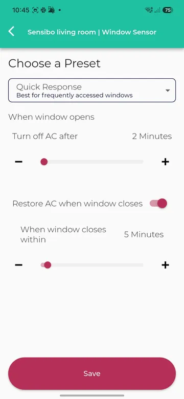Quick Response preset showing a two-minute AC turn-off delay and a five-minute closing window for restoring the AC; red arrows show where to tap