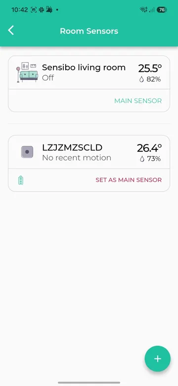 Room Sensors screen with the plus button at the bottom right; red arrows show where to tap