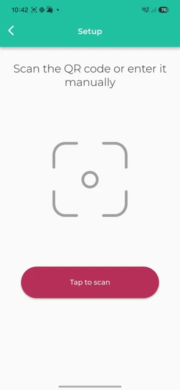Setup screen with the Tap to scan button and manual code entry instructions; red arrows show where to tap