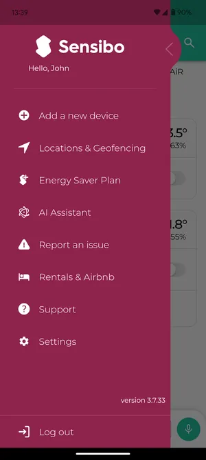 Sensibo App Menu