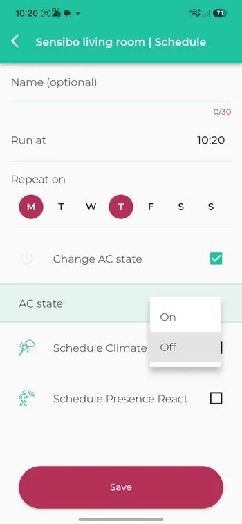 Tap the name field, time, and weekday buttons. Monday and Thursday are selected in this example.