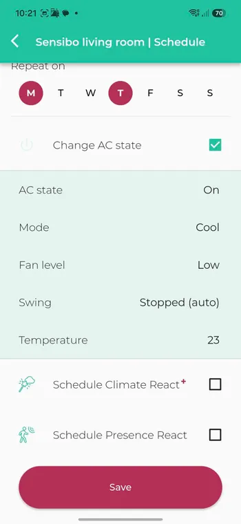 Tap each marked value to adjust the settings for your On schedule.