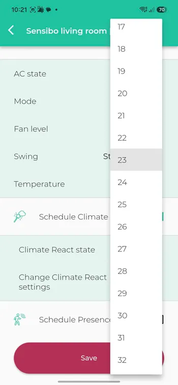 Tap Temperature, then select your target temperature. The marked 23 is an example.