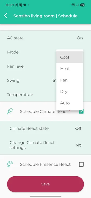 Tap a mode: Cool, Heat, Fan, Dry, or Auto.