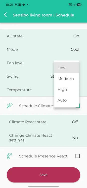 Tap a fan level: Low, Medium, High, or Auto.