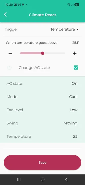 Climate React settings screen