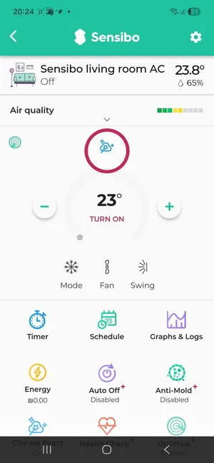 Tap the circled Climate React icon on the main Sensibo device screen